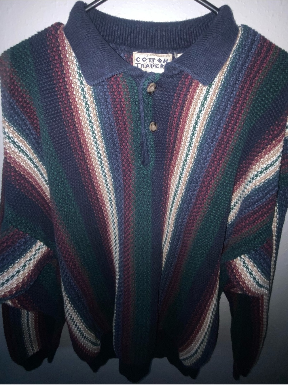 Cotton Traders Men’s Striped Polo Cardigan Sweater - Navy, Green, Burgundy